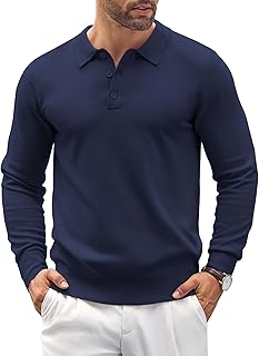 Mens Knit Polo Shirts Casual Long Sleeve Classic Polo Shirts Button Down Golf Shirts