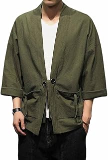 Men's Kimono Jackets Cardigan Casual Cotton Blends Linen Seven Sleeve Open Front Embroidery Coat
