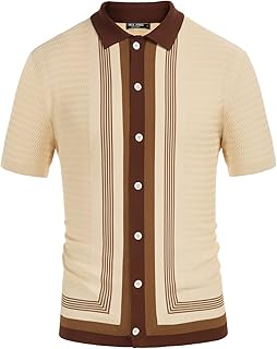 Men’s Short Sleeve Knit Shirt Vintage Stripe Lapel Collar Polo Shirt