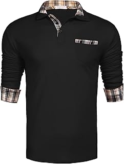 Men's Casual Polo Shirt Long Sleeve Classic Plaid Button Tees with Pockets