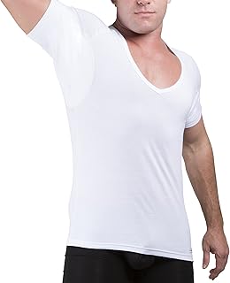 Sweatproof Undershirt Mens Cotton Deep V w Sweat Pads, Silver Treated to Fight Embarrassing Odor, Aluminum Free Alternative