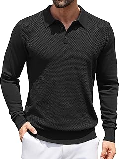 Men's Knit Polo Shirts Long Sleeve Sweater Casual Collared Quarter Button Golf Pullover