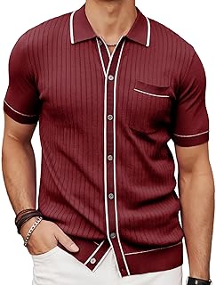 Men's Short Sleeve Knit Polo Shirt Vintage Button Down Golf Polo