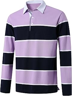 Men's Polo Shirts Long Sleeve Striped Dry Fit Casual Collared Pique Golf Polo Shirts for Men