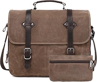 Vintage Messenger Bag 15.6 Inch Waterproof Genuine Leather Waxed Canvas Briefcase Large Leather Computer Laptop Bag