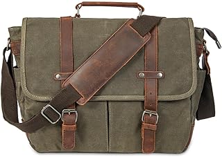 Vintage Genuine Leather Waxed Canvas Briefcase Large Satchel Shoulder Bag Rugged Computer 15.6'' Laptop Bag'