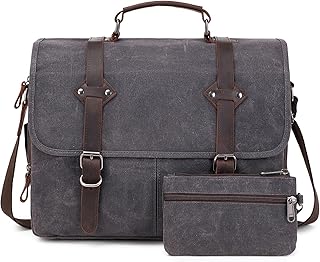 Vintage Messenger Bag 15.6 Inch Waterproof Genuine Leather Waxed Canvas Briefcase Large Leather Computer Laptop Bag