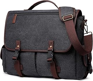 Vintage Canvas 15.6 inch Water-resistant Laptop Messenger Bag for Men Women,College Computer Satchel Laptop Shoulder Bag Travel Office Briefcases, Black
