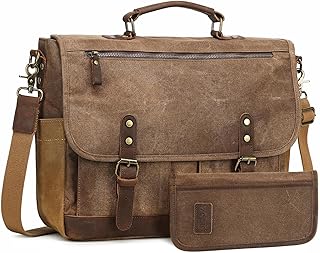 Wogarl 2PCS Mens Messenger Bag 15.6 Inch Genuine Leather Waxed Canvas Computer Laptop Bag Briefcase Satchel Shoulder Bag