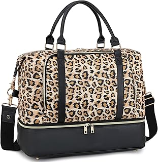 Women Ladies Travel Weekender Bag Overnight Duffel Carry-on Tote Bag fit 15.6 Inch Laptop Computer, 6012/Leopard With Shoe Compartment, 17.3"(L) x 14.5"(H) x 8.3"(W), Practical, Carry on
