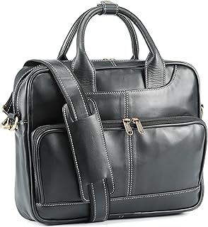 Full Grain Napa Leather 14 Inch Slim Briefcase Messenger Bags 16 Inch Computer Laptop Satchel Travel Crossbody Bag For Office Work College, Black, 14 Inch, Modern