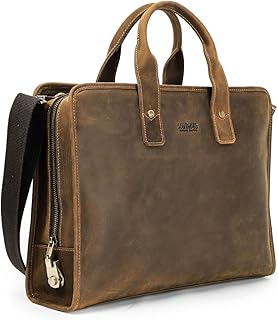 'Contacts Genuine Leather Briefcase for Men 14'' Laptop Bag Crazy Horse Leather Messenger Bag Satchel Handbag'