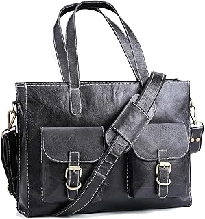 Leather Laptop Mens Briefcase Tote Bag 'The Modernist' Fits 15 Inch Computer Messenger Shoulder Crossbody For Business Travel Office, Black, Medium