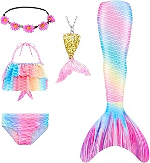 Mermaid Tails Swimsuit for Girls Swimming Kids Bikini Costume 5Pcs Sets with Flower Headband (No Monofin)