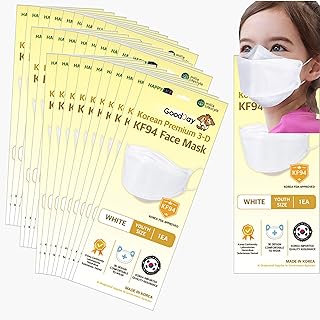 Premium 3D Disposable White Kids KF94 Face Mask, Age 5-15 Old, 4-Layer Filters, Individual Packs, White Color, Made in Korea.