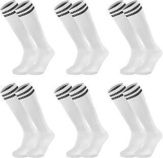6 Pairs Kids Youth Soccer Socks Solid Striped Knee High Tube Football Sports Socks for Boys Girls 6-12 Years Old