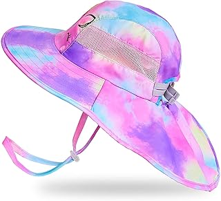Kids Sun Hat UV Protection Unicorn Summer Beach Play Hats Wide Brim Neck Flap for Girls 2-9 Years
