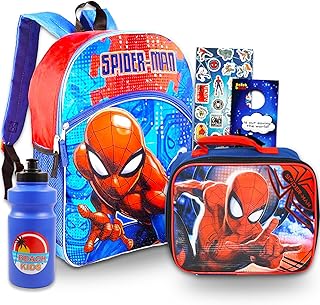 Spiderman Backpack With Lunch Box ~ 5 Pc Back to School Bundle With 16" Spiderman School Bag For Boys, Girls, Kids, Lunch Bag, Water Bottle, And More, Marvel Backpack With Lunch Box, spiderman