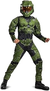 Disguise Halo Infinite Master Chief Costume, Kids Size Muscle Padded Video Game Inspired Character Jumpsuit, Child Size Small (4-6) Green & Black