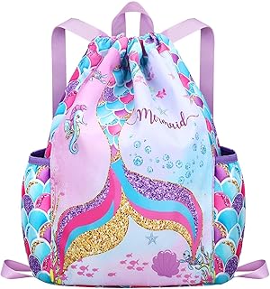 Drawstring Backpack for Kids - Unicorn Bags for Girls Gym Dance Beach Swim Travel Bag With Two Water Bottle Holder