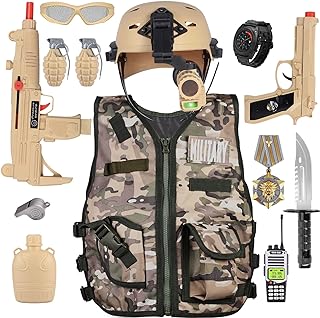 Kids Army Military Combat Soldier Costume Halloween Party Role Play Dress up Birthday Gift Set includes Camouflage Vest, Helmet, and Toy Accessories for 3-8 Years Old Toddlers Boys Girls