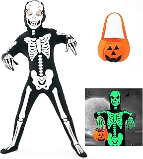 FAYBOX Skeleton Costume Glow in The Dark for Kids Toddler, Halloween Fortnite Onesie for Boy Girls with Pumpkin Candy Bag