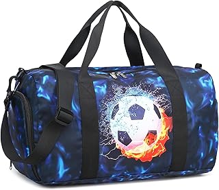 Kids Duffle Bag Girls Overnight Travel Sport Gym Bag Weekender Carry On Shoulder Bag with Shoe Compartment & Wet Pocket, Football Black Blue, Large, Kids Duffle Bag
