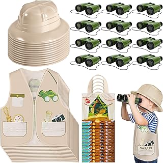 48 Pcs Kids Explorer Costume Set Include Plastic Explorer Hats Jungle Party Vest Safari Tote Bag Adventure Binoculars for Kids Activities Jungle Party Supplies Favors Halloween Costume Party, Light