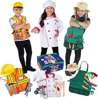 Born Toys Premium 27 Piece Dress Up Clothes for Kids 3-7 Construction Worker with Kids Tool Set,Gardening Costume with Gardening Tools,Chef or Baker with Baking Toys