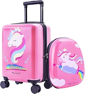 Unicorn Kids Carry on Luggage Set with Spinner Wheels, Girls Travel Suitcase - Pink