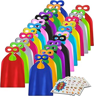 Kids Superhero Capes and Masks 20 Sets Pack with Large Stickers - Superhero Themed Birthday Party Capes