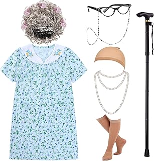 EBYTOP 2023 Girls Old Lady Costume Kit with Nightgown Wig Cane & Other Halloween Cosplay Accessories