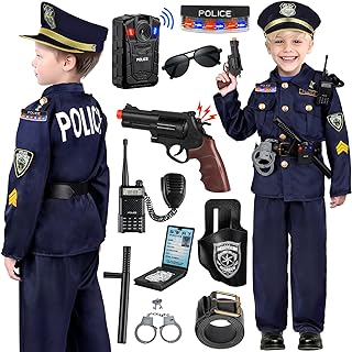Police Officer Costume for Kids, Police Costume for kids with Recorder, shoulder police lights, Halloween Role Play