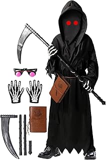 Grim Reaper Costume for Kids, Scary Halloween Costume for Boys with Glowing Red Eyes/Scythe/Notebook/Gloves