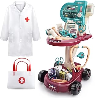 Deejoy Toy Doctor Kit for Kids，Doctor Role Play Costume，Medical Bag，Eye Chart，Thermometer，Stethoscope，Pulse Machine，26 Piece Pretend Medical Station Set for Boys & Girls ，Great Gift for Toddler