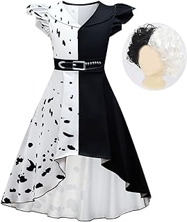 Black and White Spot Devilish Halloween Costume Fancy Dress Up for Kids Girls with Cape and Hair Wig