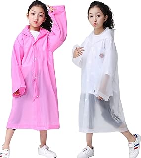 RUISHYY Kids Rain Poncho (2 Pack), Reusable EVA Children Raincoat for 6-13 Girls Boys, Waterproof Long Rain Jackets with Hood