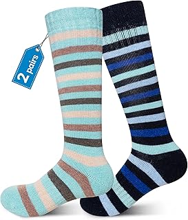 Kids Ski Socks Merino Wool Winter Warm Thermal Hiking Snowboarding Knee High Heavy Boot Socks for Toddler Boys Girls 2 Pairs
