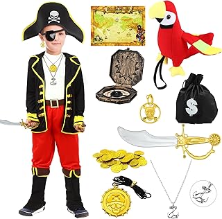 64 Pcs Halloween Kids Pirate Costume Pirate Role Play Dress up Set Pirate Sword Hat Earring Purse Coins Accessories