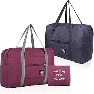 (2 Pack) Foldable Travel Duffel Bag, Waterproof Carry On Luggage Bag, Lightweight Travel Luggage Bag for Sports, Gym, Vacation, Wine red+Dark blue