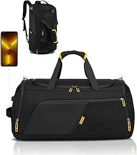 Gym Duffle Bag with Shoe Compartment &Wet Pocket, 3in1 Large Waterproof Sports Gym Bag for Men Women, Travel Duffel Bag Backpack Overnight Weekender Bags with USB Port, Pure Black, 50L, 3in1