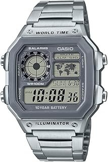 Casio AE1200WH Series | Mens Digital Watch | 100M WR | Multi Alarms | 100 SEC Stopwatch | Countdown Timer | World Map for World Time | LED Light | LC Analog Display | 10 Year Battery