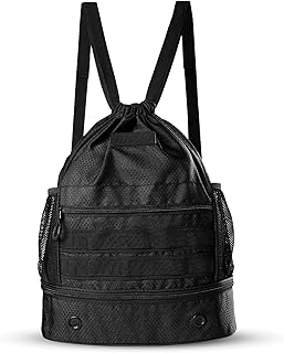 Drawstring Backpack with Shoe Compartment Large Black Gym Sports String Cinch Backpack Athletic Sackpack