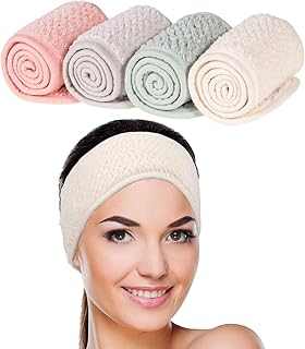 4 Pack Spa Facial Headband Makeup Hair Wrap Adjustable Hair Band Soft Towel Head Band for Face Washing, Shower Sports Yoga (Pea Green, Pink, Beige, Light Gray)