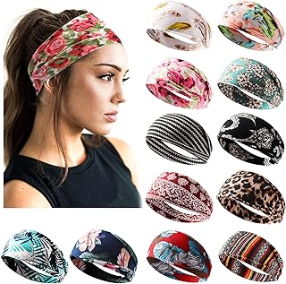 12 Pack Headbands for Women Boho Printed Non Slip Hair Band Sport Yoga Running Elastic Sweat Hair Wrap for Girls