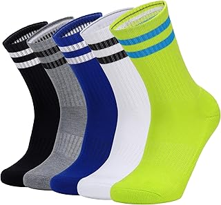 5 Pairs Striped Crew Socks Cotton Cushioned Athletic Sports Running Socks for Men Women Teens
