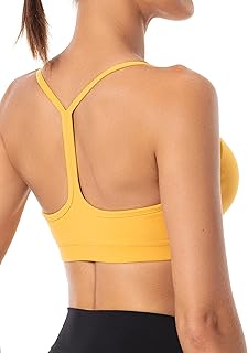 Women's Padded Sports Bra Y Back Workout Racerback Bra Light Support Yoga Bra, Amber Yellow, Small