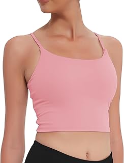 Longline Sports Bra for Women,Spaghetti Straps Padded Crop Tank Top with Built in Bra Medium Impact Workout Yoga Gym Tops