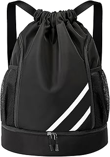 Drawstring Backpack Water Resistant String Bag Gym Sports with Shoe Compartment Side Mesh Pockets for Women Men