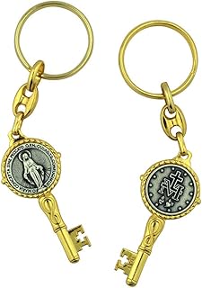 VILLAGE GIFT IMPORTERS Holy Saints Key-Shaped Keychains | Gold or Silver Tone Metal | Handcrafted in Italy | Christian Automotive (Miraculous Medal, Gold)